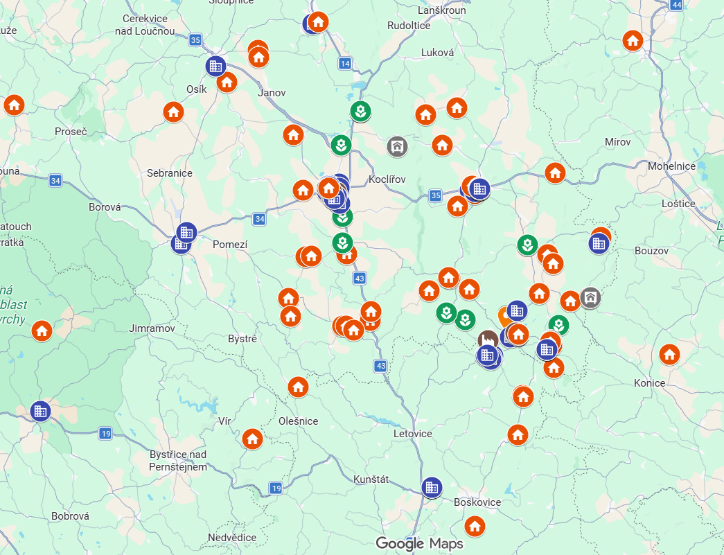 Mapa všech realizovaných prodejů a pronájmů